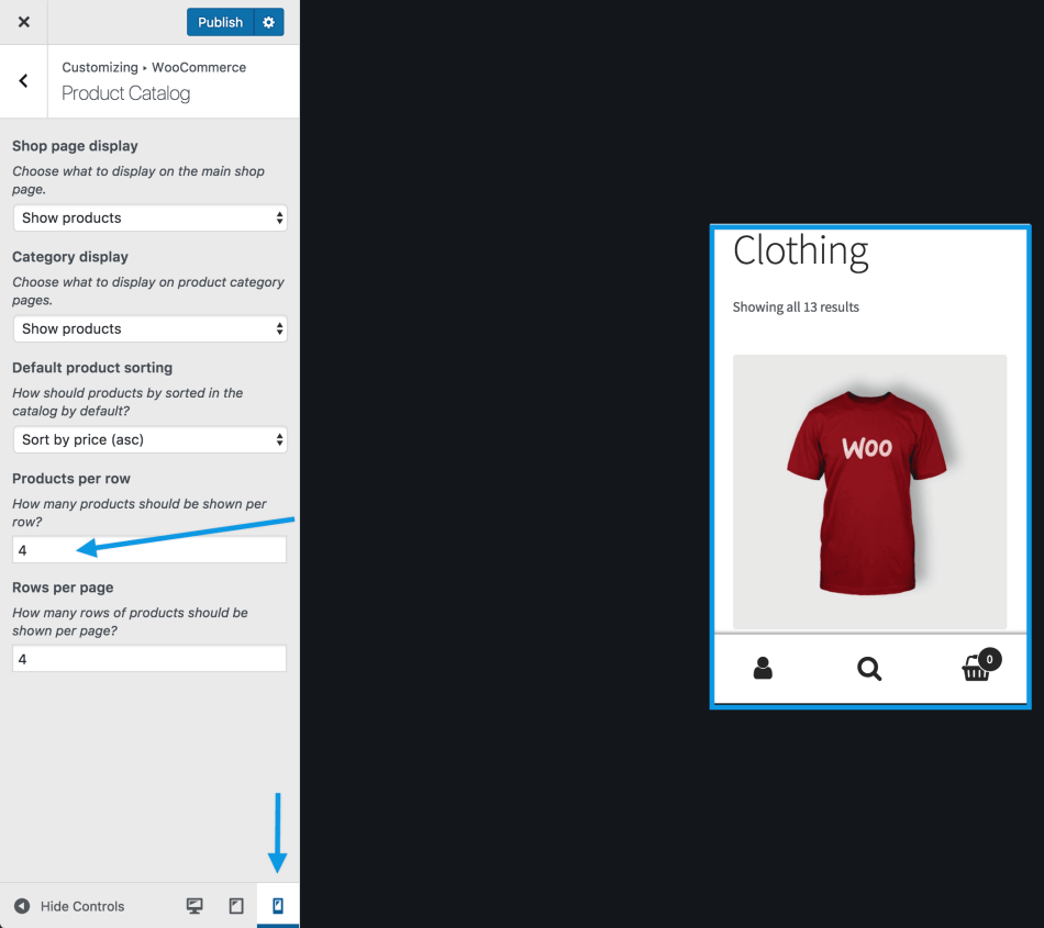 2.11 WooCommerce winkelmeldingen, catalogusweergave en productafbeeldingen beheren 29 woocommerce-customizer-products-row-mobile